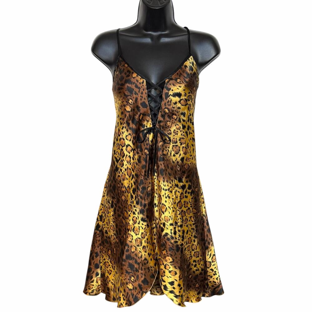 Vtg Y2K Jaclyn Smith Satin Chemise Dress Babydoll Leopard Cheetah Print LaceUp M